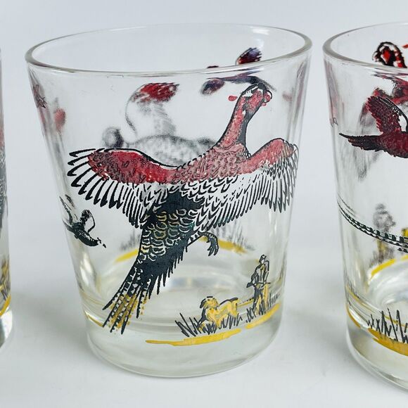 4 VTG Hazel Atlas Pheasant Hunter Low Ball Double Shot Barware Whiskey Glasses - Picture 3 of 10